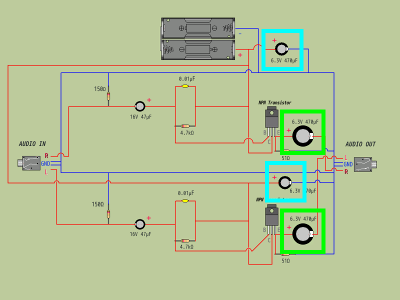 トランジスタヘッドホンアンプ回路図 出力カップリング、電源コンデンサ